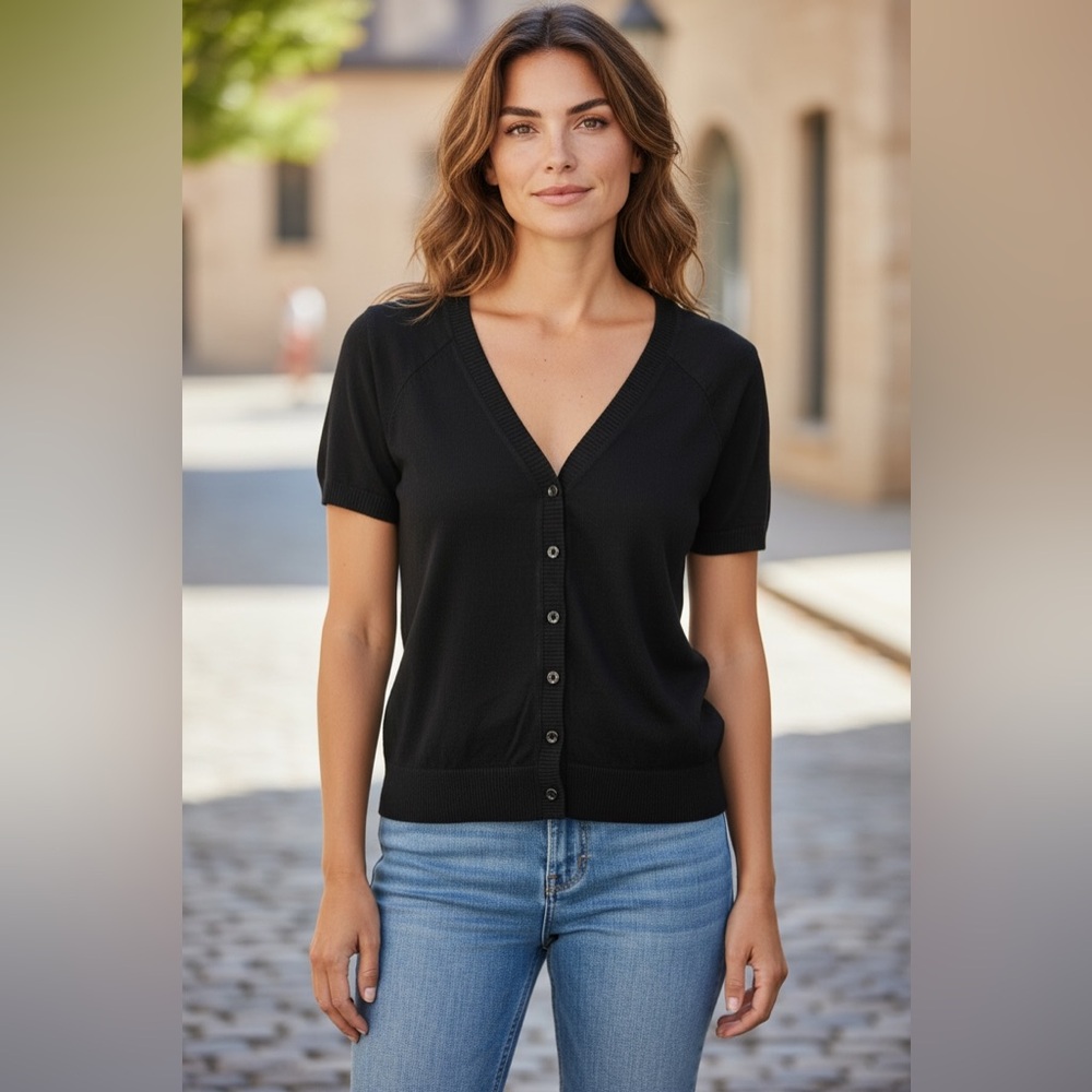 Mossimo Supply Co. Black Short Sleeve Button Front Cardigan Sweater Size Large